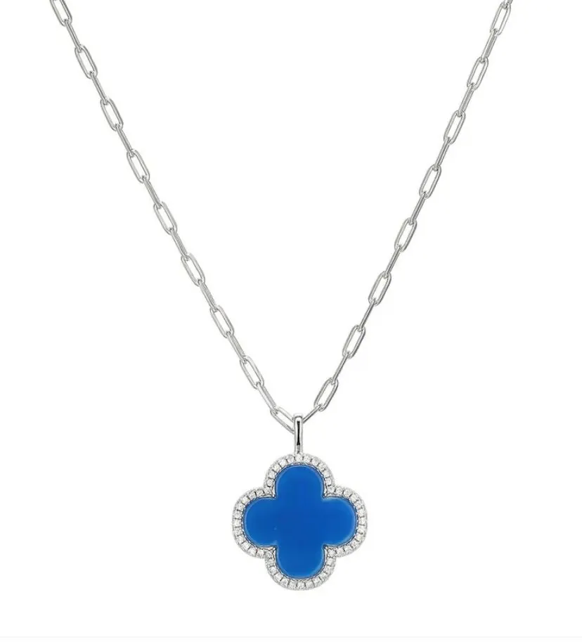 CHARLES GARNIER Sterling Silver Clover Pendant Necklace with CZ and Blue Agate