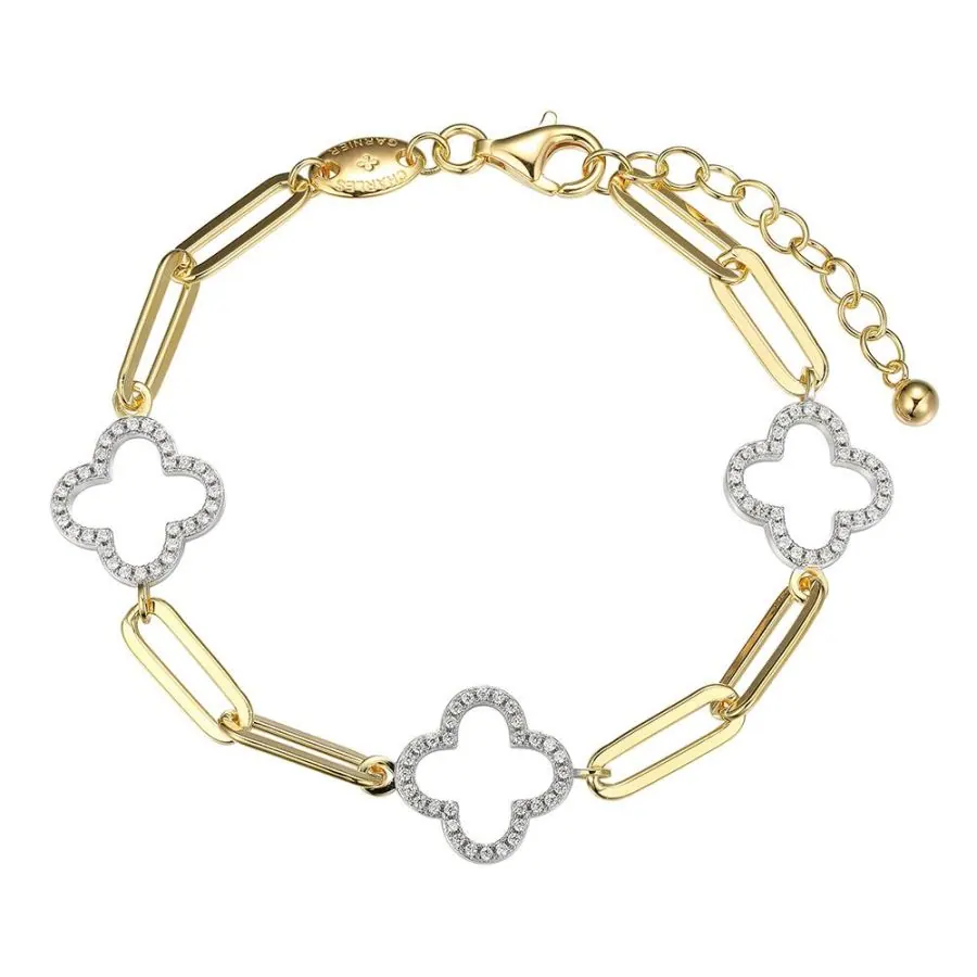 CHARLES GARNIER Sterling Silver Paperclip Chain Bracelet With CZ Clover Stations, 2 Tone