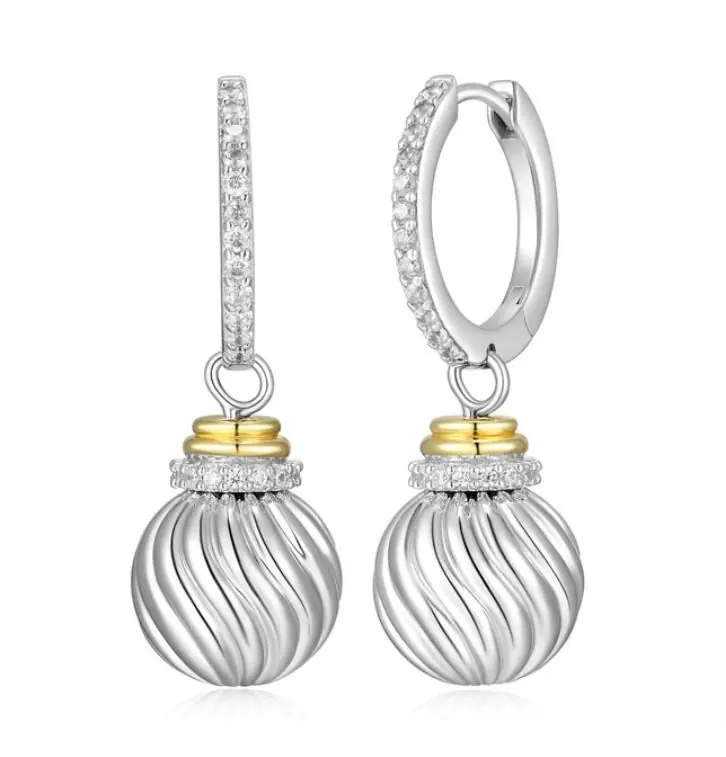 Charles Garnier Sterling Silver Celeste Fluted Ball With Cubic Zirconia Hoop Drop Earring Rhodium and Yellow Gold Finish