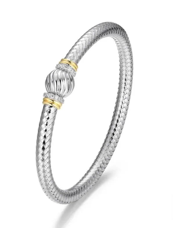 CHARLES GARNIERSterling Silver Celeste Fluted Ball With Cubic Zirconia Bangle Bracelet Inner Circumference 6.75″ Rhodium and Yellow Gold Finish