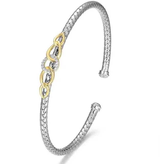 CHARLES GARNIERSterling Silver Celeste Oval Link With Cubic Zirconia Cuff Bracelet Inner Circumference 6.75″ Rhodium and Yellow Gold Finish