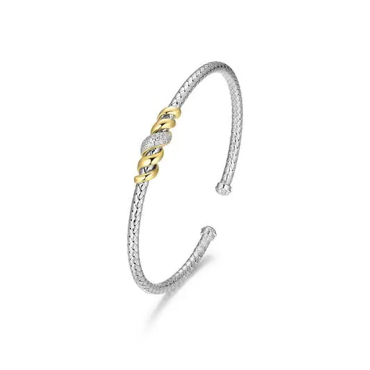 CHARLES GARNIERSterling Silver Celeste Twist With Cubic Zirconia Cuff Bracelet Inner Circumference 6.75″ Rhodium and Yellow Gold Finish