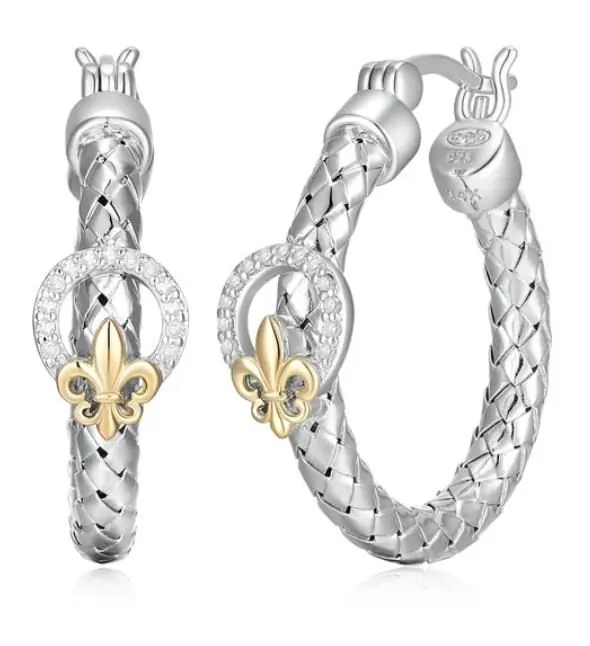 CHARLES GARNIERSterling Silver and 14KT Yellow Gold Touch Of Gold 1/10 Ct. T.W. Diamond Fleur De Lis 25mm Hoop Earring Rhodium Finis