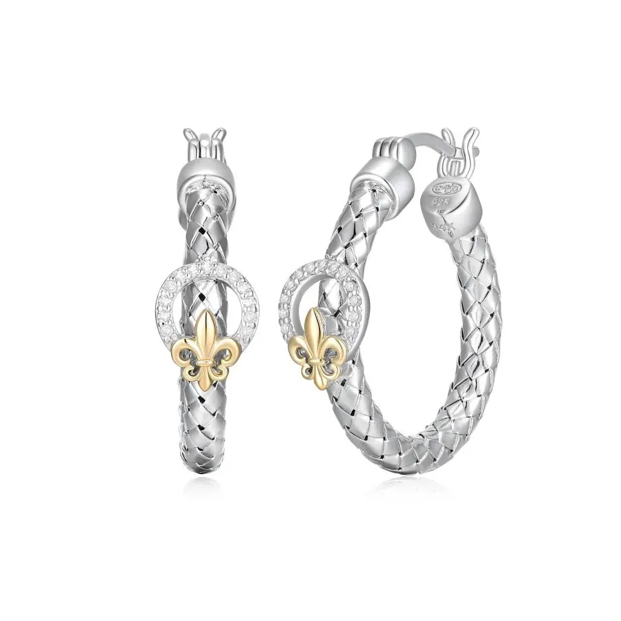 CHARLES GARNIERSterling Silver and 14KT Yellow Gold Touch Of Gold 1/10 Ct. T.W. Diamond Fleur De Lis 25mm Hoop Earring Rhodium Finis view 2