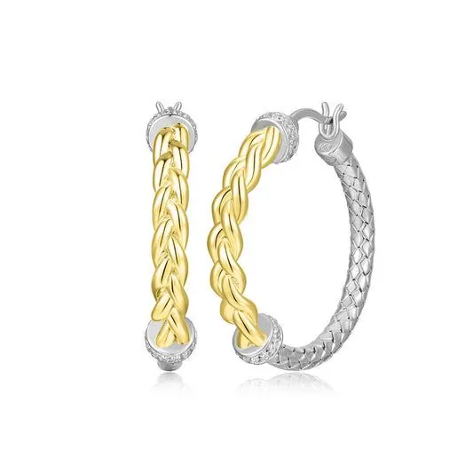 CHARLES GARNIERSterling Silver New Mesh 2 Cubic Zirconia 30mm Hoop Earring Rhodium and Yellow Gold Finis