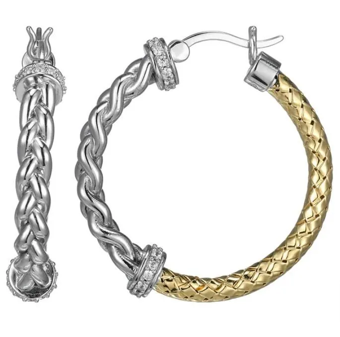 CHARLES GARNIERSterling Silver New Mesh 2 Cubic Zirconia 30 mm Hoop Earring Yellow Gold and Rhodium Finis