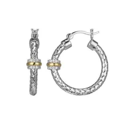 CHARLES GARNIERSterling Silver New Mesh 2 Cubic Zirconia Station 25mm Hoop Earring Rhodium and Yellow Gold Finis