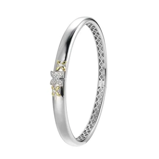 CHARLES GARNIERSterling Silver Secret Message Cubic Zirconia Bangle Inner Circumference 6.75″ Rhodium and Yellow Gold Finis