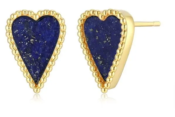 ELLE Sterling Silver “Long Love” Yellow Gold Plated Genuine Lapis Heart Post Earring