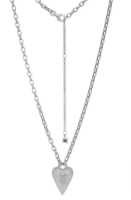 Sterling Silver ELLE “Long Love” Rhodium Plated Cubic Zirconia Heart Pendant on Oval Rolo Chain