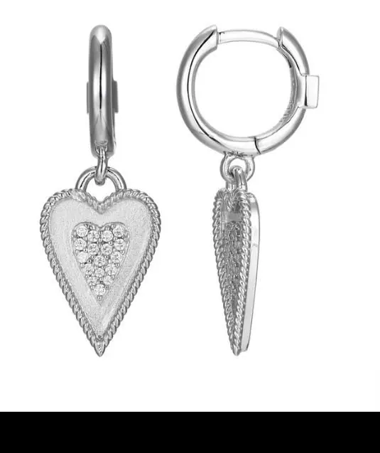 Sterling Silver ELLE “Long Love” Rhodium Plated Cubic Zirconia 8mm Hoop with Heart Drop Earring