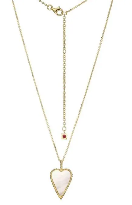 Sterling Silver ELLE “Long Love” Yellow Gold Plated MOP Heart Pendant on Faceted Diamond Cut Cable Chain