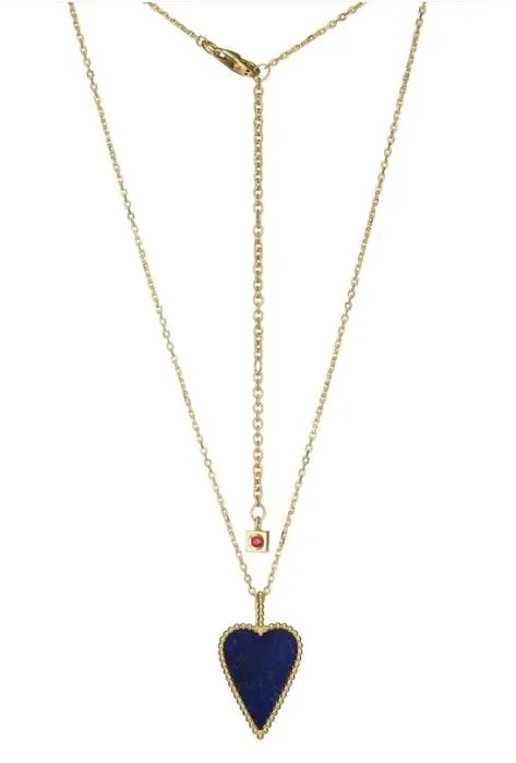 Sterling Silver ELLE “Long Love” Yellow Gold Plated Genuine Lapis Heart Pendant on Faceted Diamond Cut Cable Chain