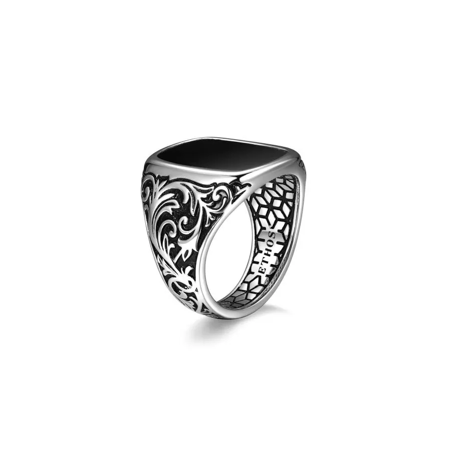 ETHOS Chisel Rhodium Plated Black Agate Cushion Ring