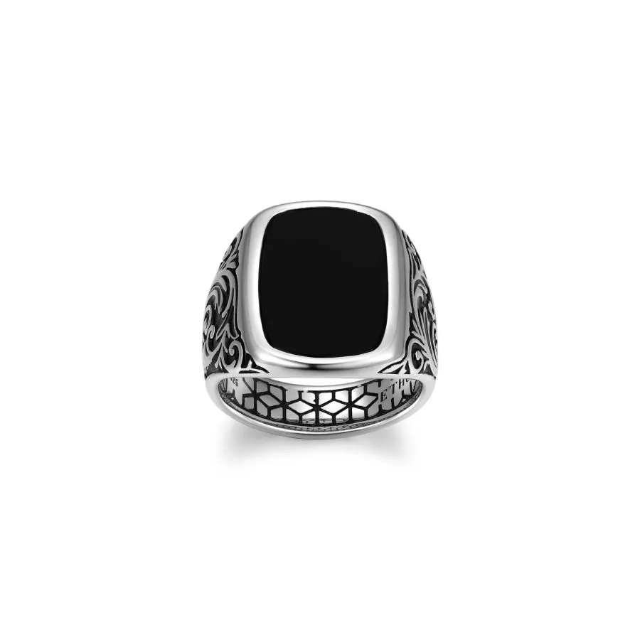 ETHOS Chisel Rhodium Plated Black Agate Cushion Ring view 2