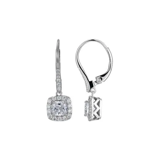 ELLE STERLING SILVER ” RADIANCE” RHODIUM PLATED CUSHION CUT CLEAR CUBIC ZIRCONIA HALO LEVERBACK EARRING