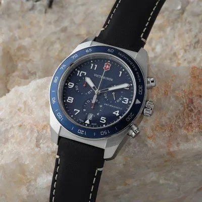 VIC Swiss Army Chrono Blue bezel and Dial Black leather Strap