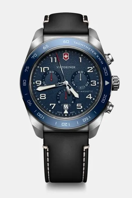 VIC Swiss Army Chrono Blue bezel and Dial Black leather Strap view 2
