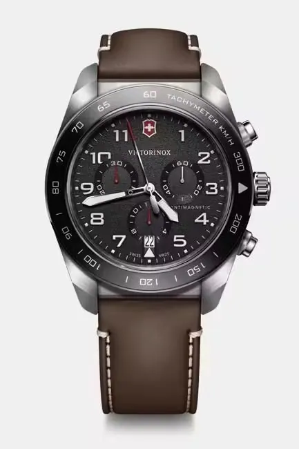 VIC SWISS ARMY CHRONOGRAP Black Bezel & Dial on Brown Strap view 2