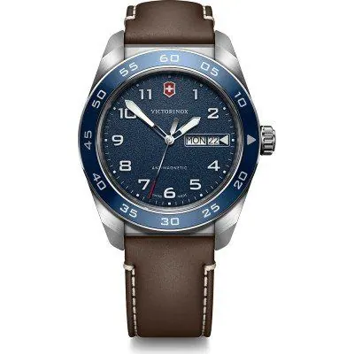 VIC GNTS SWISS ARMY QUART 42MM BRW. BAND BLUE DIAL & BEZEL