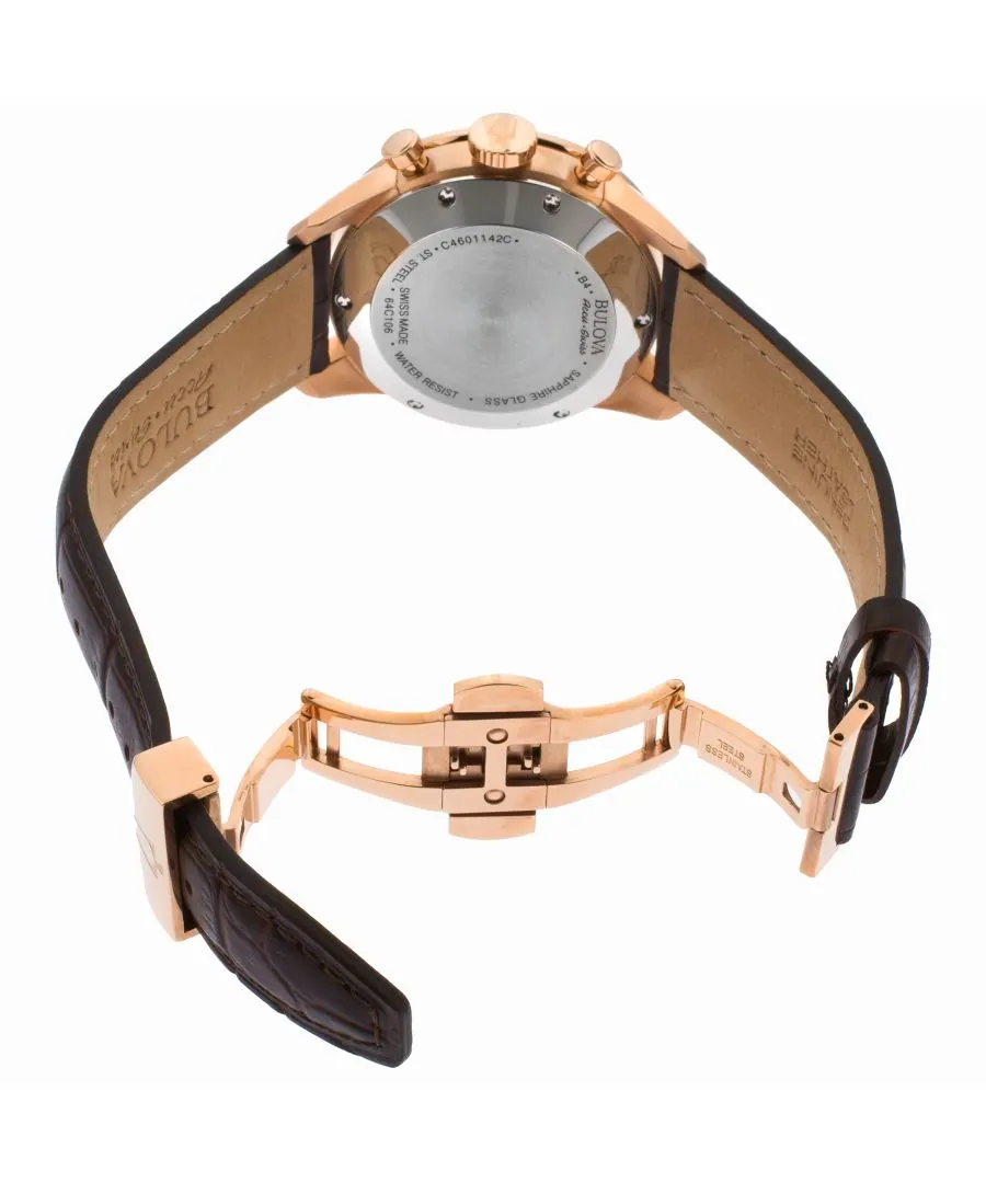 Bulova Accu-Swiss Gemini Men Swiss Automatic Steel and Brown Leather Casual Watch 64C106 view 3